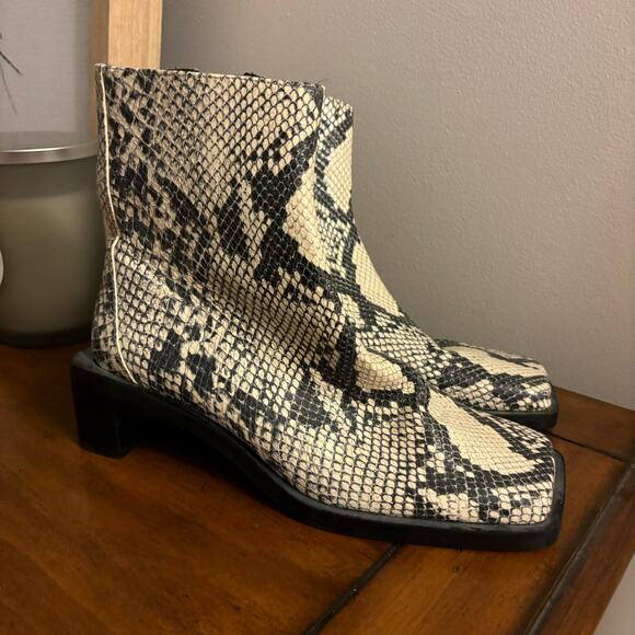 Zara Snake Print Leather Square Toe Boots - Picture 1 of 7